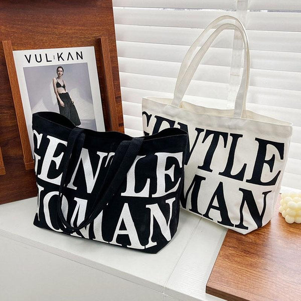 Black Women Canvas Shoulder Tote Printed Letters Women's Bags & Handbags
