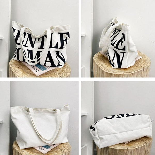 Black Women Canvas Shoulder Tote Printed Letters Women's Bags & Handbags