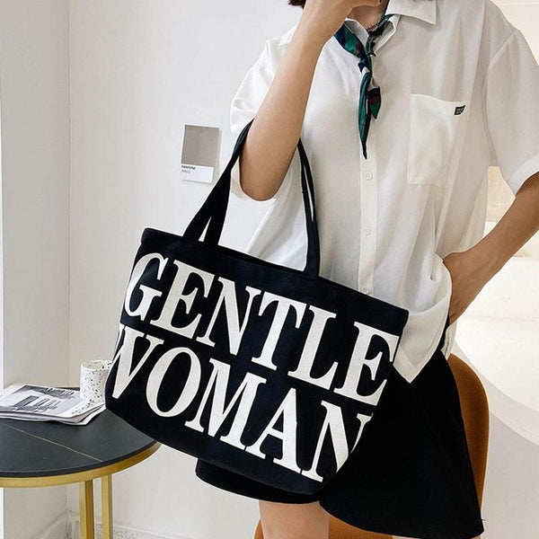 Black Women Canvas Shoulder Tote Printed Letters Women's Bags & Handbags
