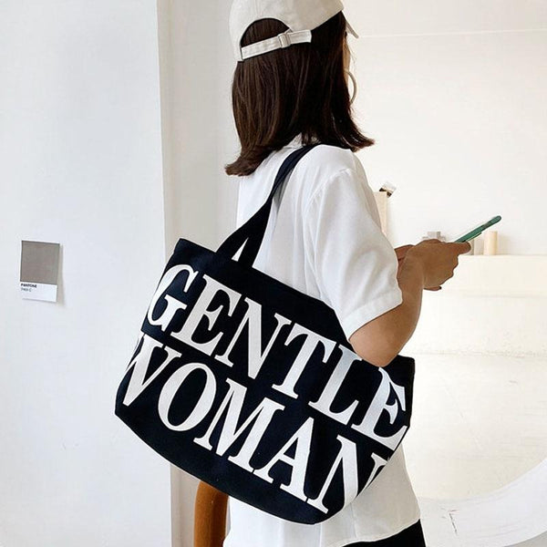 Black Women Canvas Shoulder Tote Printed Letters Women's Bags & Handbags