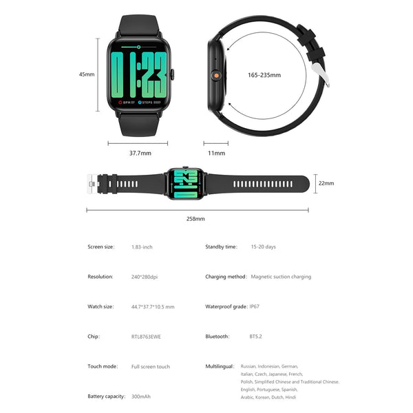 1.83 Inch Bt5.2 Smart Sport Watch With Bluetooth Call Sleep & Health Monitor Black Smart Watches