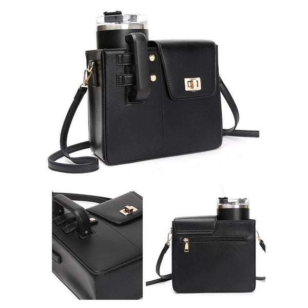 Leather Shoulder Bag For Water Bottles Fits Most Brands Black Women's Bags & Handbags