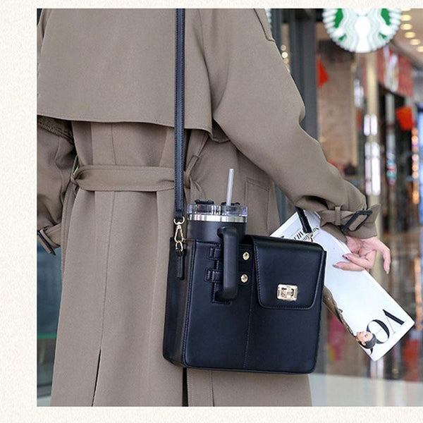 Leather Shoulder Bag For Water Bottles Fits Most Brands Black Women's Bags & Handbags