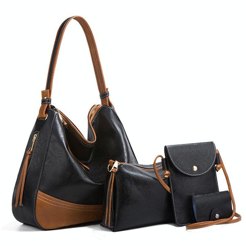 Large Capacity Diagonal Handbags 4 In 1 Colour Block Leather Bags Black Women's Bags & Handbags