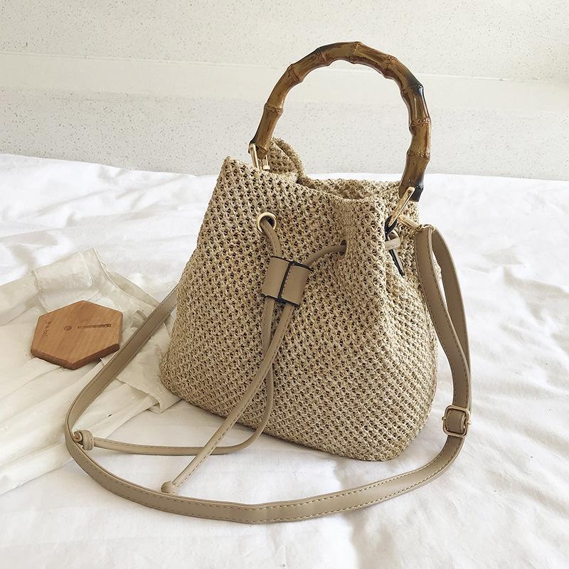 Handwoven Bamboo Bucket Bag Shoulder / Messenger Style Khaki Women's Bags & Handbags
