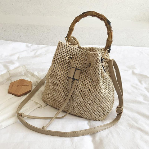 Handwoven Bamboo Bucket Bag Shoulder / Messenger Style Khaki Women's Bags & Handbags