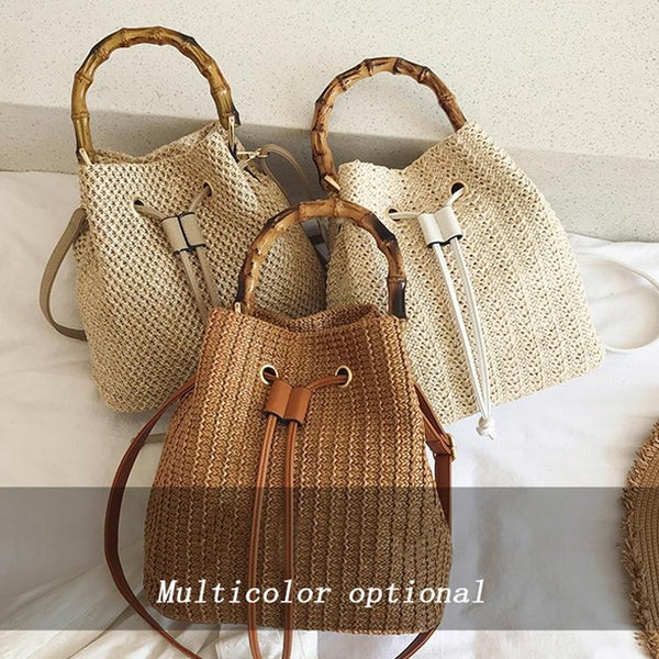 Handwoven Bamboo Bucket Bag Shoulder / Messenger Style Khaki Women's Bags & Handbags