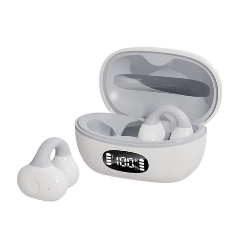 Wireless Clip On Earphones With Charging Case White + Gray Earbuds