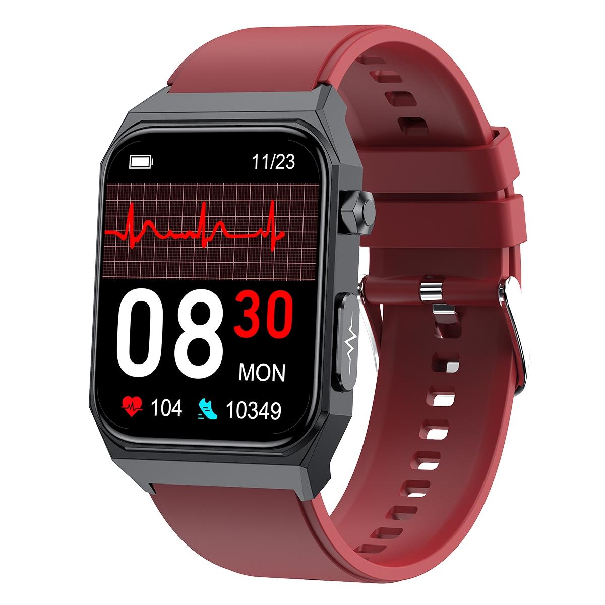 1.91 Inch Waterproof Ecg Smart Watch With Silicone Band Ip68 Red Smart Watches
