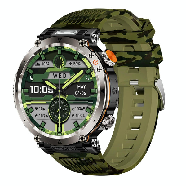 Waterproof Smart Watch With Flashlight Banknote Detector And Compass Camo Army Green Smart Watches