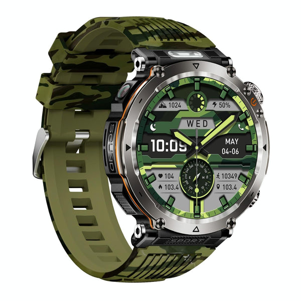 Waterproof Smart Watch With Flashlight Banknote Detector And Compass Camo Army Green Smart Watches