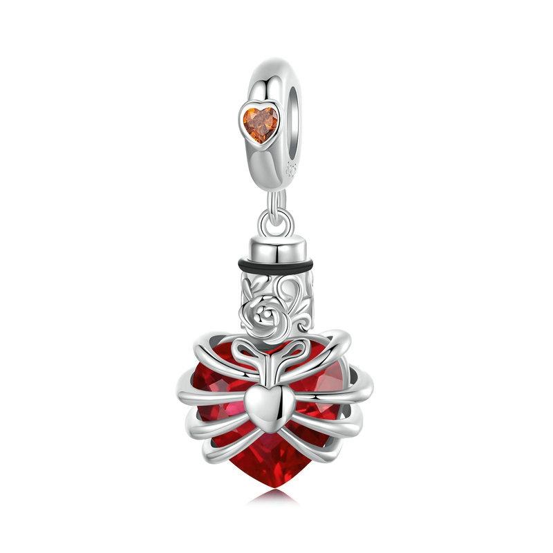 925 Sterling Silver Heart Pendant With Beaded Detail Red Charms & Pendants