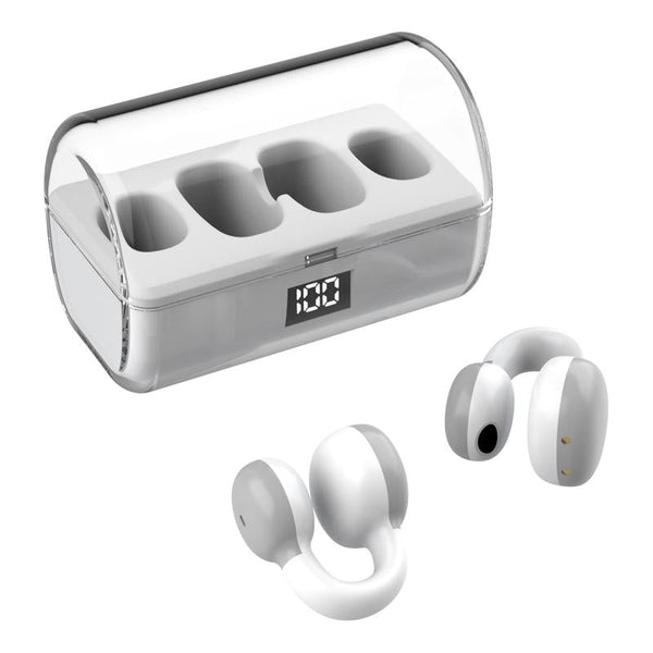 Ear Clip Type Sound Conduction Concept Bluetooth Earphone Digital Display Charging Case White Earbuds