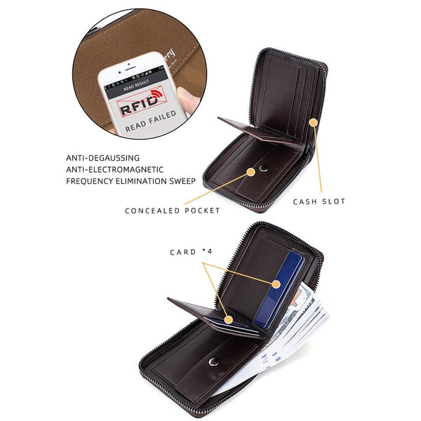 Retro Rfid Blocking Zip Wallet With Short Coin Pocket Coffee Wallets