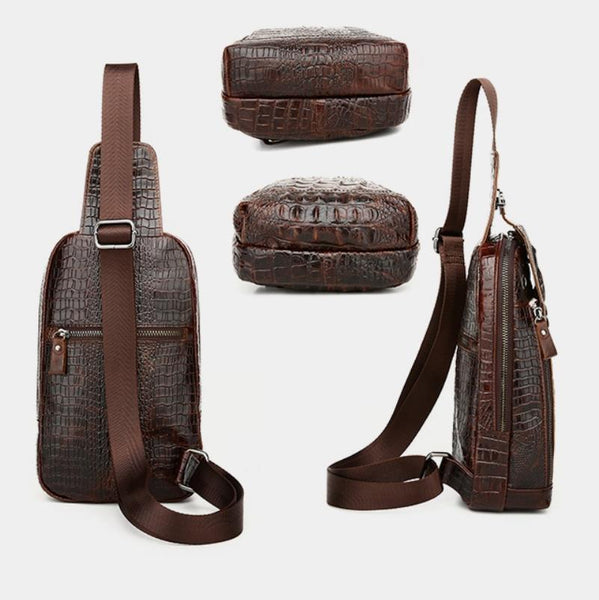 Men Cowhide Crocodile Texture Crossbody Chest Bag One Shoulder Design Head Bags