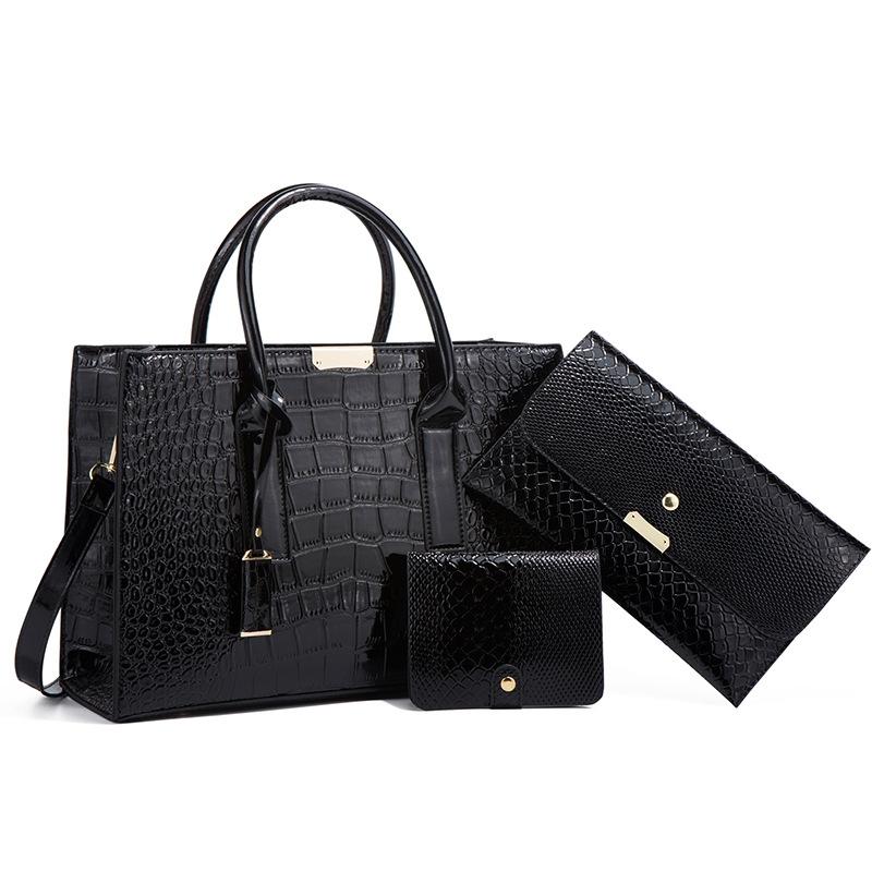 Stylish 3 In 1 Snakeskin Diagonal Handbag Fashionable And Versatile Black Women's Bags & Handbags