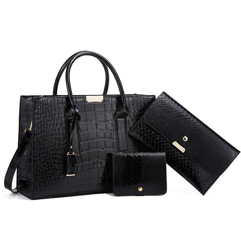 Stylish 3 In 1 Snakeskin Diagonal Handbag Fashionable And Versatile Black Women's Bags & Handbags