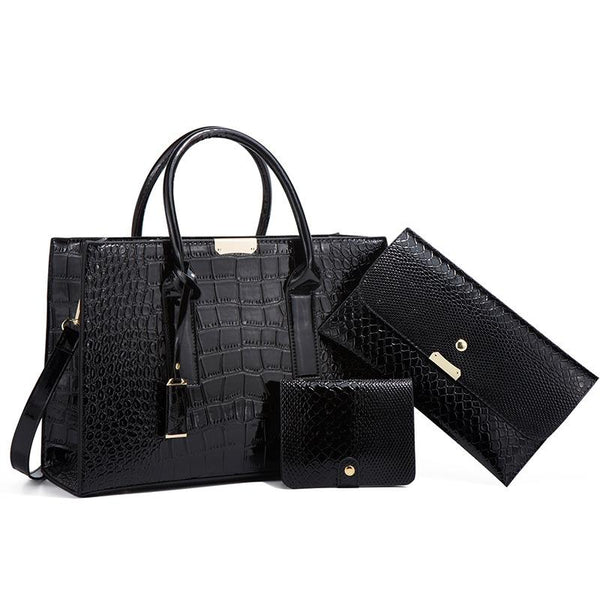 Stylish 3 In 1 Snakeskin Diagonal Handbag Fashionable And Versatile Black Women's Bags & Handbags