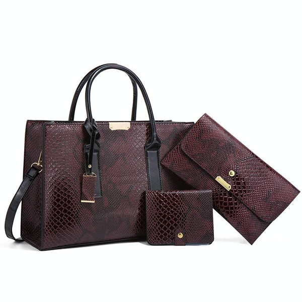 Stylish 3 In 1 Snakeskin Diagonal Handbag Fashionable And Versatile Black Women's Bags & Handbags