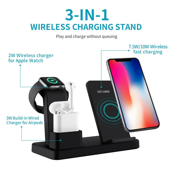 3 In 1 Wireless Charger For Iphone Apple Watch Airpods & Android Black Chargers & Cradles
