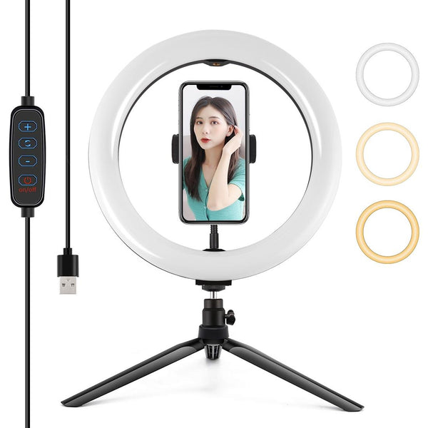 10.2 Selfie Beauty Light With Tripod Mount And Usb 3 Modes Dimmable Led Ring For Vlogging Photography Cold Shoe Ball Head Phone Clamp Selfie Lights