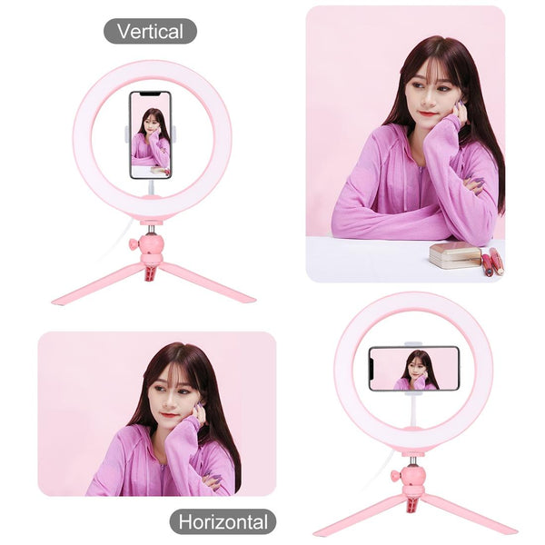 10.2 Selfie Beauty Light With Tripod Mount And Usb 3 Modes Dimmable Led Ring For Vlogging Photography Cold Shoe Ball Head Phone Clamp Selfie Lights
