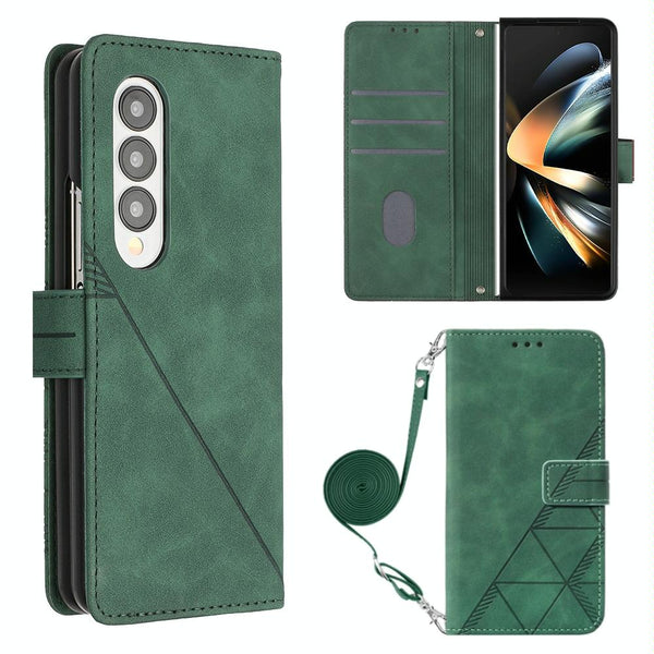 Embossed Leather Flip Crossbody Phone Case 3D Design For Samsung Galaxy Z Fold4 5G Dark Green Other Mobile Accessories