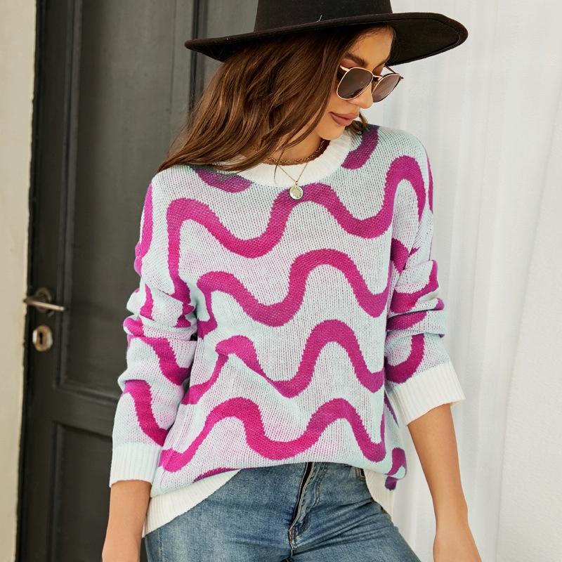 Women Casual Pullover Sweater Round Neck Wave Pattern Collision Colour Knitted Size M Pink Jumpers & Cardigans