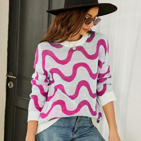 Women Casual Pullover Sweater Round Neck Wave Pattern Collision Colour Knitted Size M Pink Jumpers & Cardigans