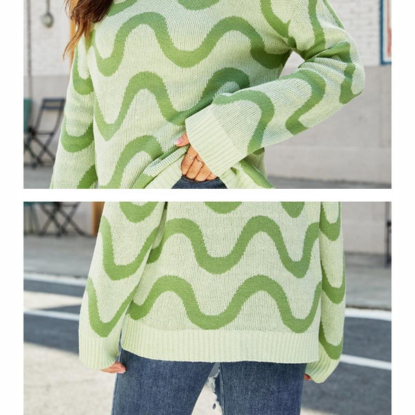 Women Casual Pullover Sweater Round Neck Wave Pattern Collision Colour Knitted Size M Pink Jumpers & Cardigans