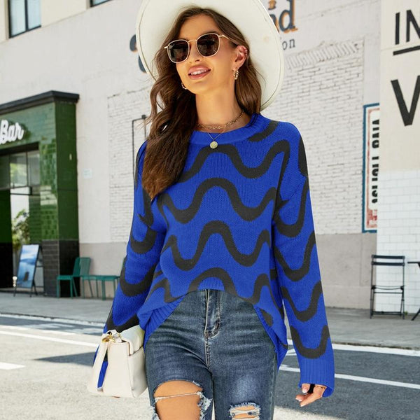 Women Casual Pullover Sweater Round Neck Wave Pattern Collision Colour Knitted Size M Pink Jumpers & Cardigans