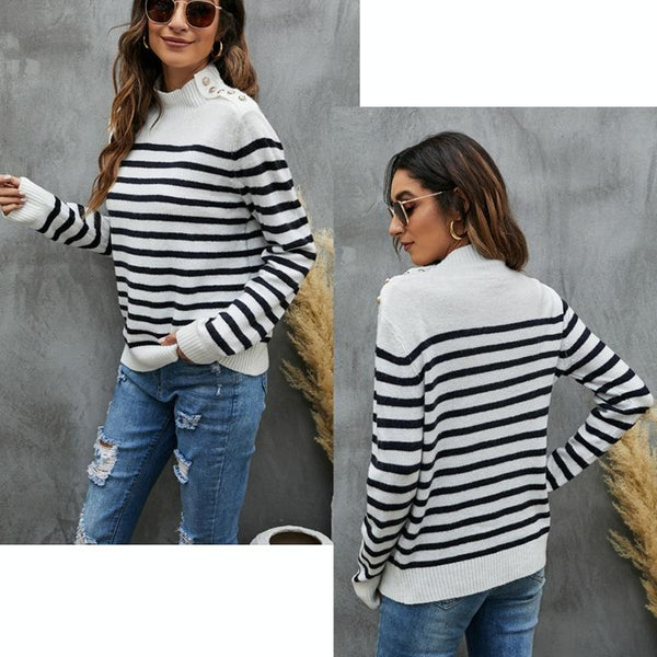Women Striped Knitwear Loose Stand Up Collar Pullover Sweater Black And White Size Coats Jackets & Vests