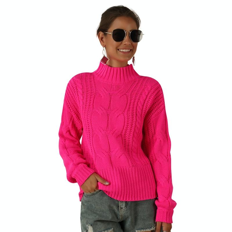 Women Fluorescent Colour Long Sleeve Stranded Flower Knit Sweater Pink M Jumpers & Cardigans