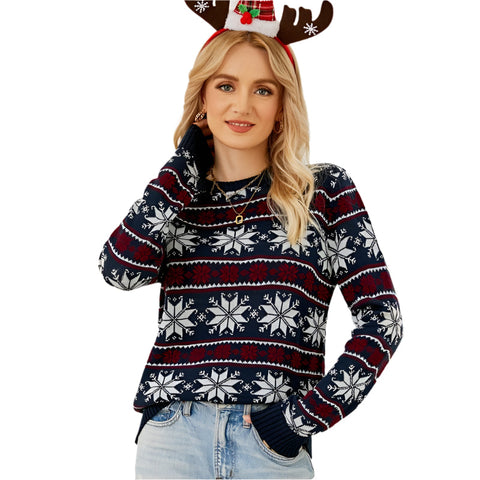 Women Round Neck Christmas Knitwear Long Sleeve Snowflake Sweater Dark Blue Size M Jumpers & Cardigans