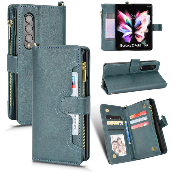 Zipper Leather Phone Case With Litchi Texture For Samsung Galaxy Fold4 5G Blue Other Mobile Accessories