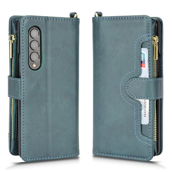 Zipper Leather Phone Case With Litchi Texture For Samsung Galaxy Fold4 5G Blue Other Mobile Accessories