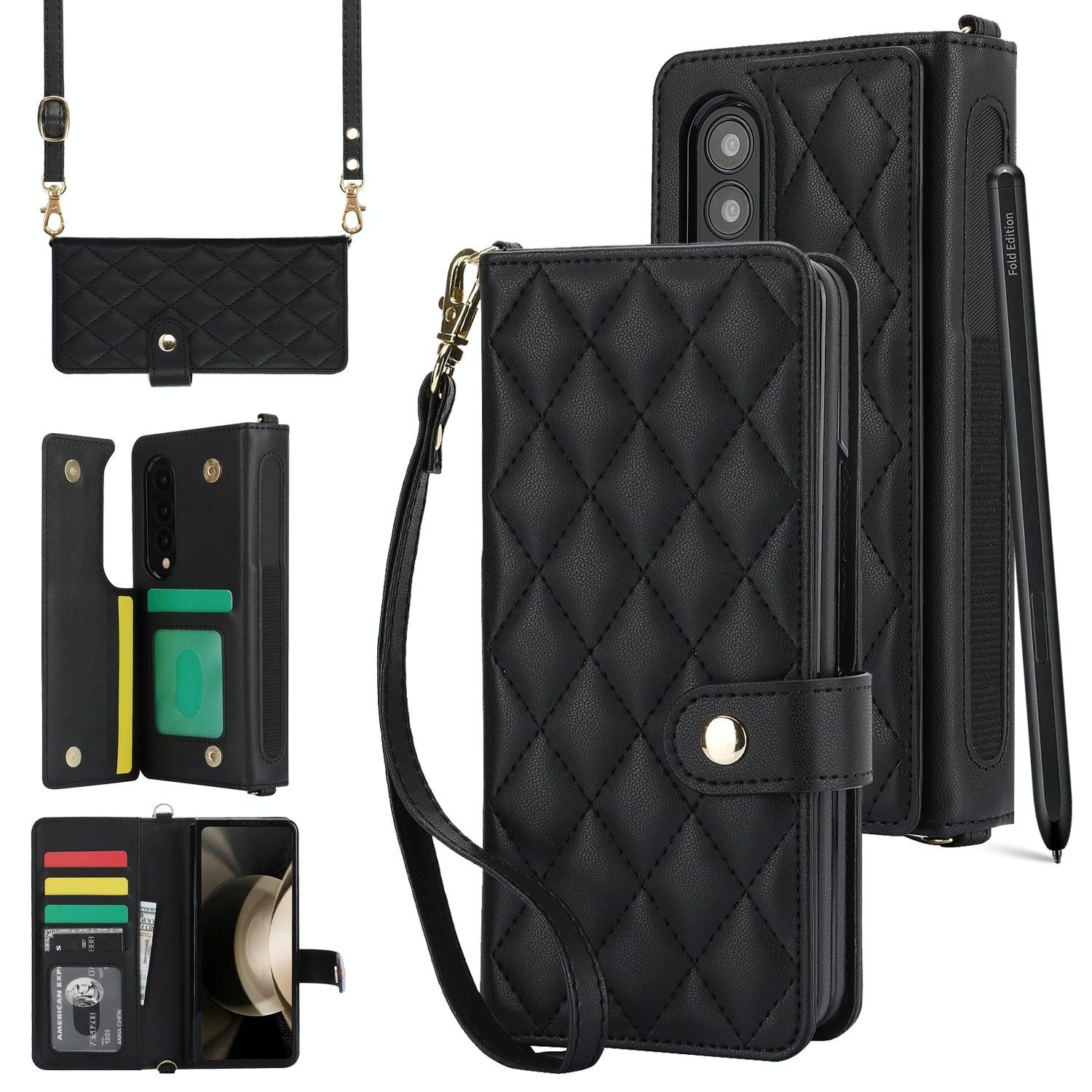 For Samsung Galaxy Z Fold4 5G Multifunctional Rhombic Leather Crossbody Phone Case Black Other Mobile Accessories