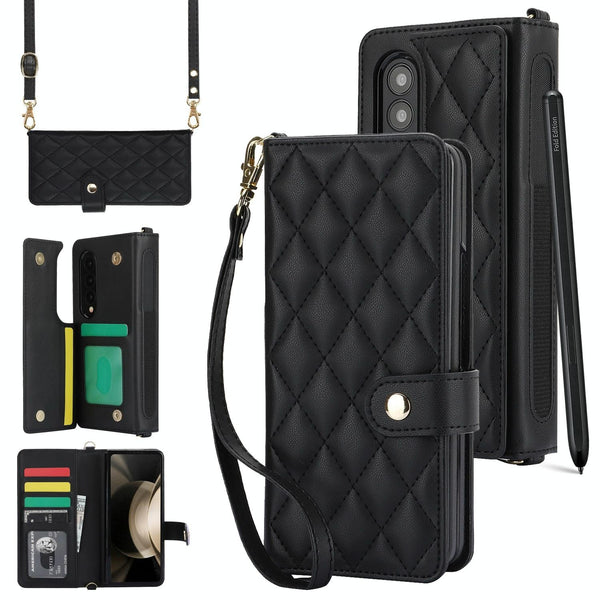 For Samsung Galaxy Z Fold4 5G Multifunctional Rhombic Leather Crossbody Phone Case Black Other Mobile Accessories