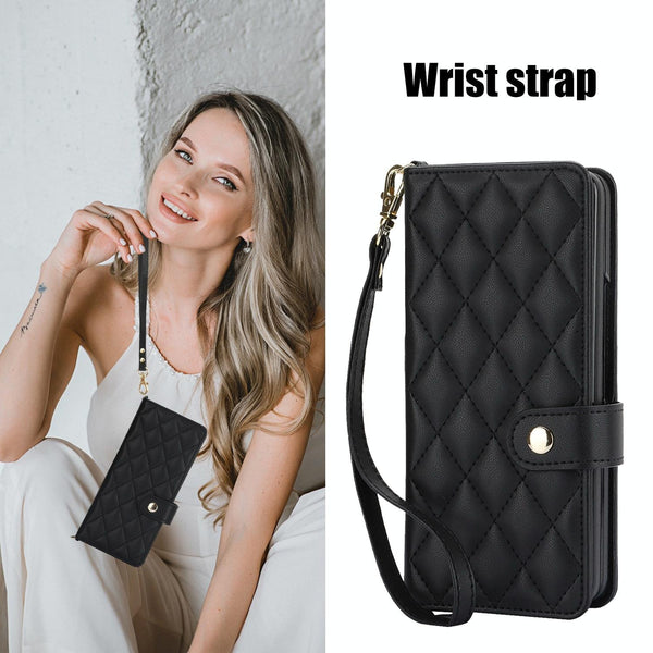 For Samsung Galaxy Z Fold4 5G Multifunctional Rhombic Leather Crossbody Phone Case Black Other Mobile Accessories