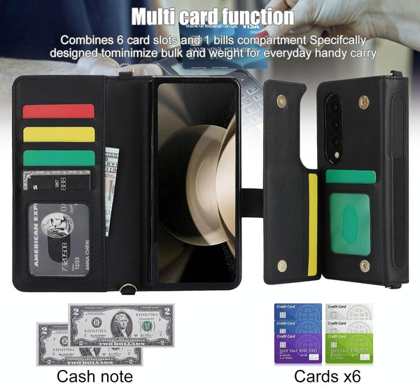 For Samsung Galaxy Z Fold4 5G Multifunctional Rhombic Leather Crossbody Phone Case Black Other Mobile Accessories