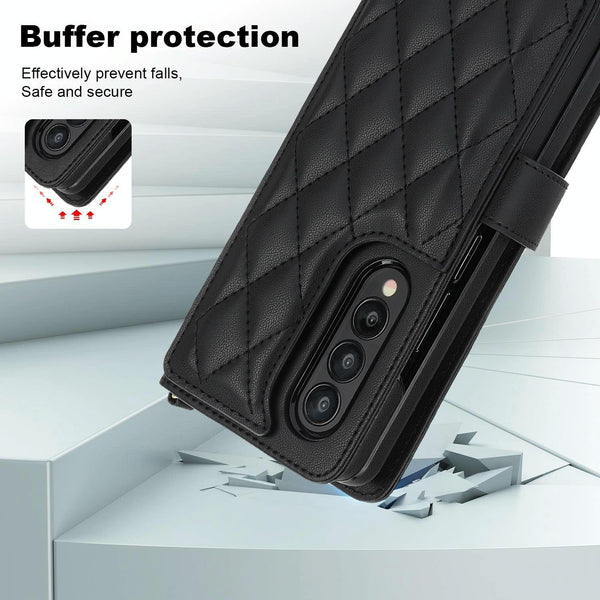 For Samsung Galaxy Z Fold4 5G Multifunctional Rhombic Leather Crossbody Phone Case Black Other Mobile Accessories