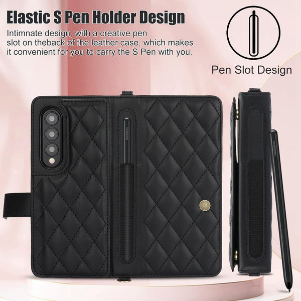 For Samsung Galaxy Z Fold4 5G Multifunctional Rhombic Leather Crossbody Phone Case Black Other Mobile Accessories