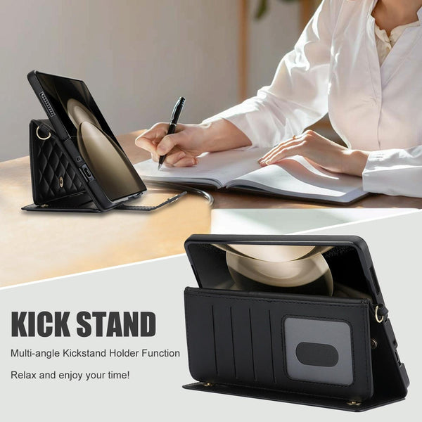 For Samsung Galaxy Z Fold4 5G Multifunctional Rhombic Leather Crossbody Phone Case Black Other Mobile Accessories