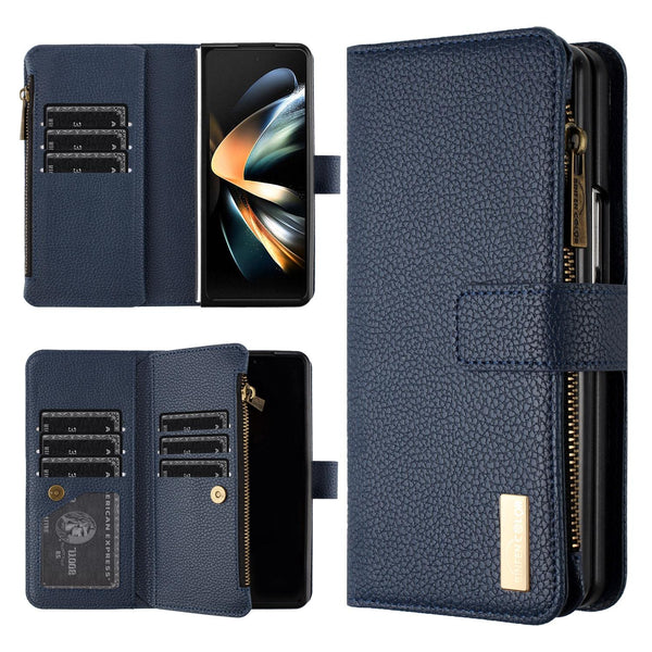 For Samsung Galaxy Z Fold4 5G Litchi Texture Zip Wallet Blue Cases Covers & Skins