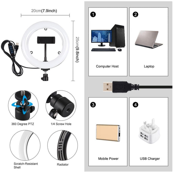 7.9 Usb 3 Modes Dimmable Dual Colour Led Ring Light With Mirror For Vlogging And Photography Black Other Lighting & Studio