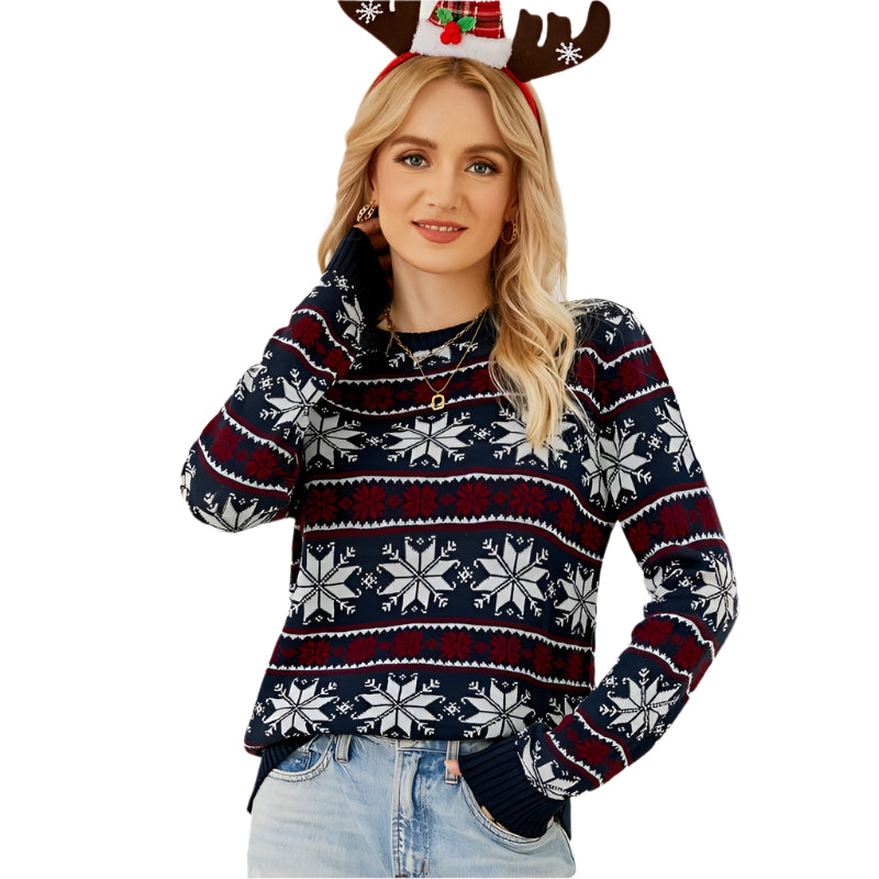 Women Round Neck Christmas Knitwear Long Sleeve Snowflake Sweater Dark Blue Jumpers & Cardigans