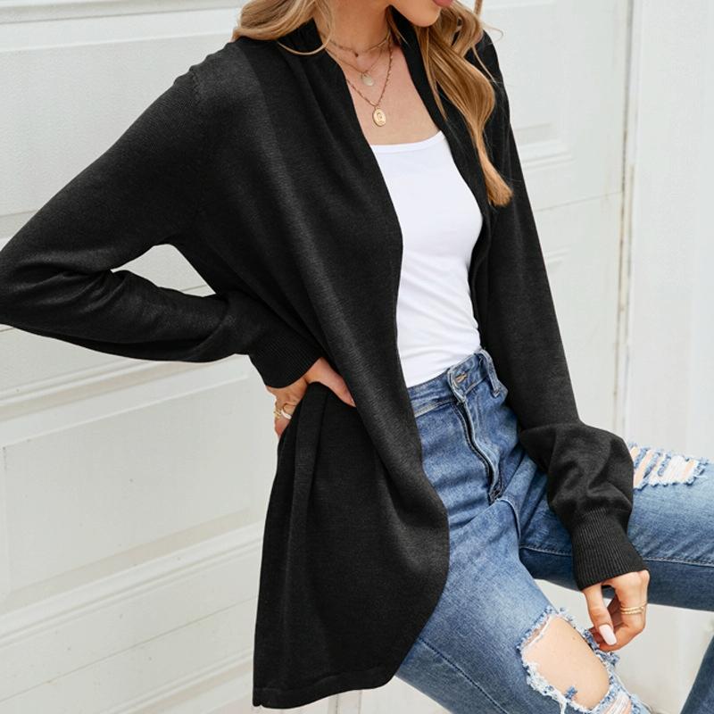 Women Mid Length Sweater Jacket Temperament Loose Knitted Cardigan Black Size Jumpers & Cardigans
