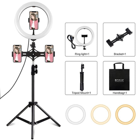 Horizontal Dual Phone Brackets With Tripod Mount & Led Ring Light Kit For Vlogging And Live Broadcasts Other Lighting & Studio