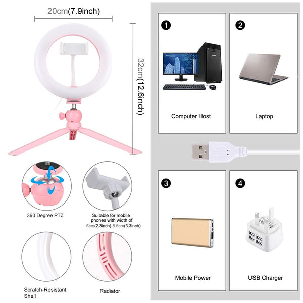 Pink 7.9 Led Ring Light With Tripod And Phone Clamp 3 Modes Dimmable Dual Colour Temperature Selfie Lights