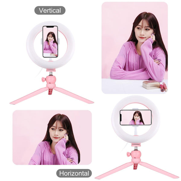 Pink 7.9 Led Ring Light With Tripod And Phone Clamp 3 Modes Dimmable Dual Colour Temperature Selfie Lights